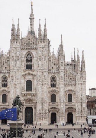 Milano Cortina 2026: the official flag of the Winter Olympic Games waves in piazza Duomo